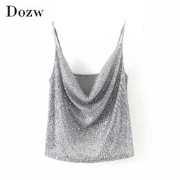 Sexy Deep V Neck Sequins Strappy Ladies Tops Fashion Backless Clubwear Party Camis Women Summer Sleeveless Tank Top Ropa Mujer 210414