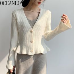 Autumn Winter Cardigans Elegant Solid V Neck Flare Sleeve Chaqueta Mujer Ruffles Slim Short Sweaters Women 18280 210415