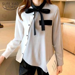 Casual Solid Long Sleeve Female Shirt Fashion Chiffon Blouse Women Bow Tie Spring Button Ladies Clothing Tops Blusas 13160 210415