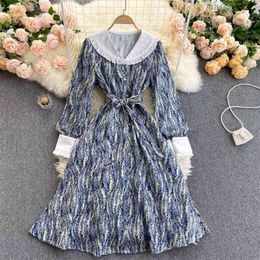 Spring European American Retro Vestidos Female Doll Collar Puff Sleeves Lace Waist Thin Print Midi Dress C706 210506