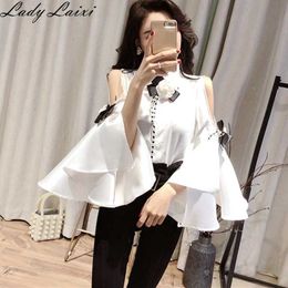 Big Flare Sleeve Blusa 3D Flower Bows Vintage Women Blouse Fashion Elegant Chiffon Shirt 210529