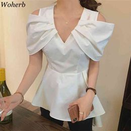 Korean Off Sohulder Blouses Short Sleeve Women V-neck Asymmetrical Fashion Tops Blusas Mujer Summer White Shirt 210519