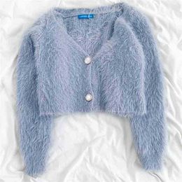 Autumn Winter Furry Short Cardigan Women Slim Long Sleeve Button Up Crop Sweater Ladies Knitted Top 210525
