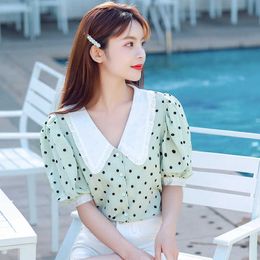 Summer Korean Green Women Shirts Woman Chiffon Dot Office Lady Short Sleeve Blouses Tops Plus Size XXL 210531
