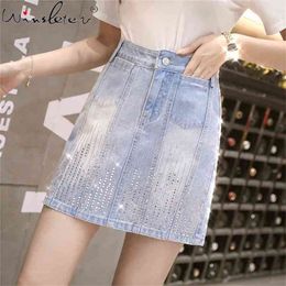 Summer Diamond Denim Skirt Women Light Blue A-line High Waist Empire Mini Jeans moda mujer falda B03201B 210421