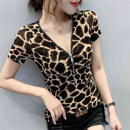 summer Casual stripe T-shirt Fashion Leopard printing Short sleeve V-neck Top Women T Shirt Plus Size S-3XL 210507