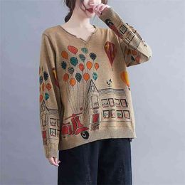 Loose spring printed pullover V-neck sweater bottoming knit all-match outer wear jacket women 210427