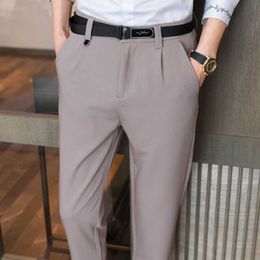 Business Dress Pants Men Elastic Waist Belt Suit Pants Formal Office Social Pants Solid Color Streetwear Casual Trousers 210527