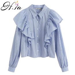 H.SA Women Summer Spring Blouse and Tops Long Sleeve Ruffles Casual Steetwear Fashion Girls Blue Striped Bluse Femnino 210417