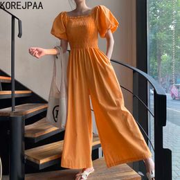 Korejpaa Women Jumpsuits Summer Korean Chic Temperament One-Word Collar Leaky Shoulder Folds High Waist Wide-Leg Jumpsuit 210526