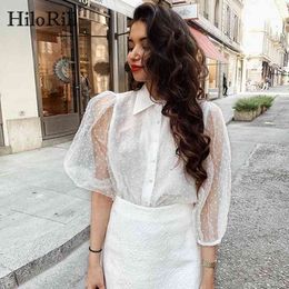 Women White Lace Blouses Dot Embroidery Blouse Shirt Sexy See Through Mesh Chic Tops Blusas Lantren Sleeve Loose 210508