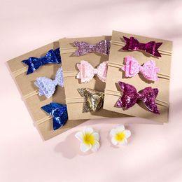 3pcs/set Newborn Baby Girls Elastic Solid Colour Bows Nylon Sequins Headband Kids Bowknot Hairbands Hair Accessories Photography Props