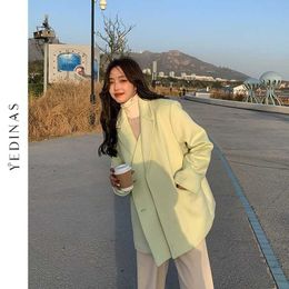 Yedinas Women Woolen Coat Turn Down Collar Vintage Long Wool Chic Outerwear Korean s Ladies Overcoat Autumn Winter 210527