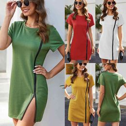 2021 Summer woman dress fashion sports runway casual round neck short sleeve stretch slim fit hip plus size white mini dress X0521