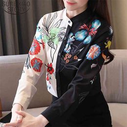Korean Print Stand Black Long Sleeve Top Clothing Chiffon Blouse for Women Spring Fashion Button Blusas Femininas 8004 50 210506