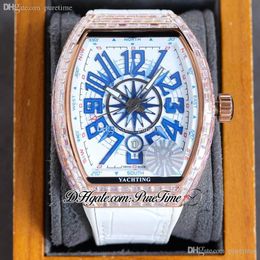 RF Vanguard V45 SC DT A21J Automatic Mens Watch 18K Rose Gold Diamonds Case White Dial Blue Big Number Markers Leather Rubber Bling Jewelry Watches Puretime F03i9