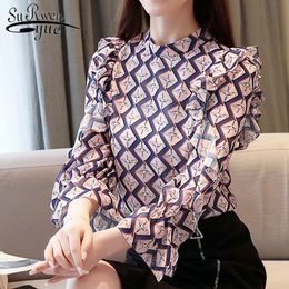 Womens tops and blouses ladies chiffon blouse for women Ruffles Print Stand Flare Sleeve korean blusas 8504 50 210427