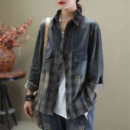 Arrival Spring Autumn Women Long Sleeve Loose Shirts Patchwork Cotton Denim Plaid Casual Blouse Femme Tops High Quality M266 210512