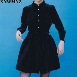 Women Fashion velvet mini dress Vintage black Collared Long Sleeve Female with belt buttons Chic dresses Vestidos 210520