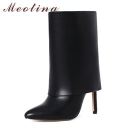 Meotina Mid Calf Stiefel Frauen Schuhe Spitze Zehen Stiletto Heels Mode Stiefel Slip On Extreme High Heel Stiefel Weibliche Winter schwarz 210520