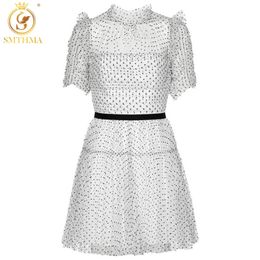 Arrival Women's Short Sleeve Summer Lace Dress High-End Stand Collar Dot White Party Vestido 210520