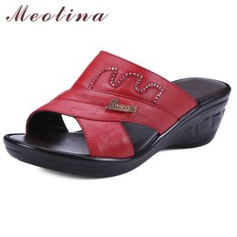 Meotina Metal Decoration Real Leather Wedge Heels Slippers Crystal Women Shoes Open Toe High Heel Slides Summer Sandals Black 40 210608