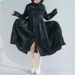 Large Size Long Dress Maxi Loose Sleeve Stitching Pleated Women Single Breasted Pocket Vestidos Solid Black 210601