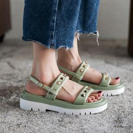 Sandals Trendy Fashion Solid Colour Sexy Rivet Buckle Mid-Heel Open Toe Roman Style Ladies Summer .