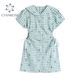 Green Plaid Button Up Shirt Women Dresses Summer Sailor Collar Puff Sleeve Hollow Out Tunic Moon Print Mini Dress Female 210417