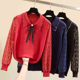 Plus Size Women's Fall Winter Sweaters Bow Lace Sleeve Stitching Knit Korean Japan Top Female GX1235 210506