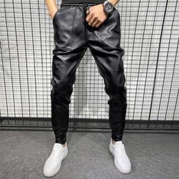 Winter Thick Warm PU Leather Pants Men Clothing Simple Big Pocket Windproof Casual Motorcycle Trousers Black Plus Size 210930