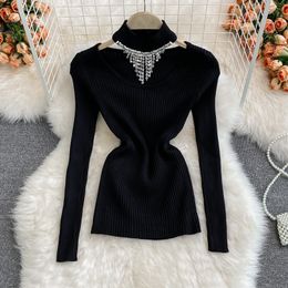 Autumn winter new design women's halter neck rhinestone patchwork stand collar long sleeve knitted sweater top jumpers