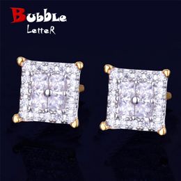 12MM Square Baguette Zircon Stud Earring Silver Color Charm Screw Back Women Men's Earrings Fashion Hip Hop Jewelry 211009