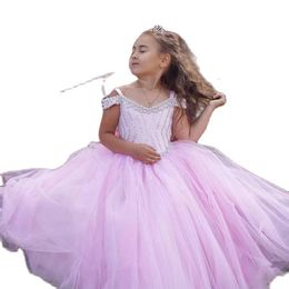 pink party gowns Canada - Girl's Dresses Pink Ball Gown Flower Girl Spaghetti Straps Floor Length Beads Big Bow Knot Children Birthday Party Gowns