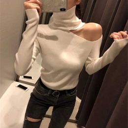 Knitted Sweater Off Shoulder Pullovers Sweater for Women Long Sleeve Turtleneck Female Jumper Black White Sexy Clothing 210714
