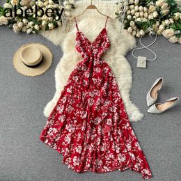 Design Irregular Strap Dress Women Sexy V Neck Backless Ruffles A-line Party Dress Summer Boho Floral Beach Long Dress 210715