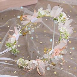 Hair Clips & Barrettes Mori Butterfly Silk Bridal Headdress Wreath Headband Wrist Flower Handmade Lace Wedding Dress Accessories