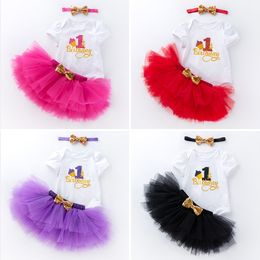 Baby Clothing Sets girls Sequins Bow headband letter romper TuTu lace skirts 3pcs/set Boutique newborn Birthday party outfits M3556