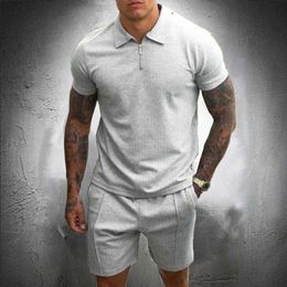 Mens Summer Outfits 2 Piece Set Fashion Clothing Men Tracksuit Jogging Suit Stand Collar and Shorts Cotton Fabric Slim 210714