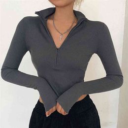 solid color casual T-shirt women long sleeves turtleneck crop tops sexy simple style party club spring summer 210607