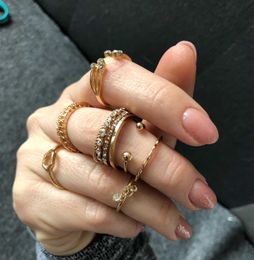 8pcs/sets Hollow Out Rings for Women Men Charms Clear Crystal Stone Gold Chain Rings Bohemian Jewelry Accessories Anillo X0715