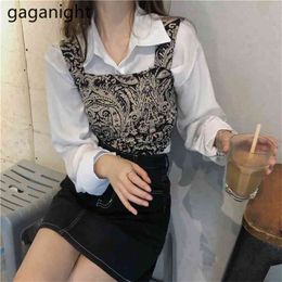 Chic Korean Women Two Pieces Set Solid Long Sleeve Shirt Vintage Floral Crop Vest Slim Suit Female 2 210601