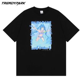 Men T Shirt Hip Hop Streetwear Anime Girl Painting Print T-Shirt Summer Short Sleeve Harajuku Cotton Oversized Tshirt Tops 210601