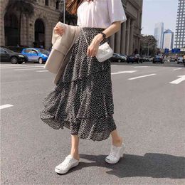 Summer Women's Long Skirt Ruffle Polka Dot Irregular High Waist Female A-line Skirts Korean Japan Kawaii Bohemian Lady 210629