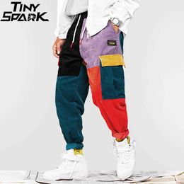 Calças de quadril Vintage Color Block Patchwork Calça de veludo cargo Harém Streetwear Harajuku Jogger Sweatpant Calças de algodão Q190530