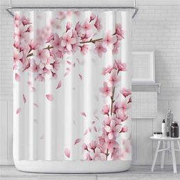 Pink Cherry Blossom Peach Blossoms Shower Curtain White Background Girl Bathroom Waterproof Polyester Cloth Screen With Hook Set 211119