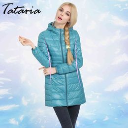 Tataria S-7XL Women's Winter Long Down Coat Female Plus Size Ultra Light Warm Hoodie Jacket for Women White Duck 210514