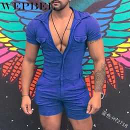 WEPBEL Zipper Short Sleeve Hooded Rompers Pants with Pockets Overalls Men's One Piece Tight Fitness Jumpsuit X0610