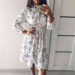 Autumn Women Dress For Female Long Sleeve Chiffon Shirt A-line Midi Winter White Bow Floral Vestidos Vintage 210623