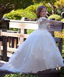 Girl's Dresses Off Shoulder Ivory Lace Tulle Floor Length Flower Girl Dress Half Sleeve 3D Flowers Ball Gown First Communion